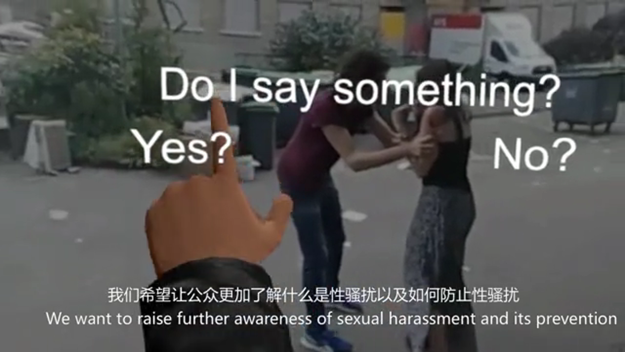 Screenshot from the SeeForShe VR experience, showing an interactive choice prompt asking "Do I say something? Yes? No?" during a sexual harassment prevention scenario.